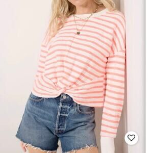 Evereve Noah Stripe Sweatshirt Neon Coral White Size Large L Long Sleeve Twist